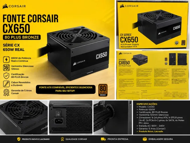 Fonte Corsair CX650 650W 80 Plus Bronze - Nova e Lacrada