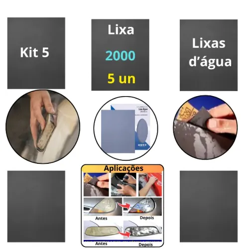 Lixa 2000 Kit 5 Folhas D'água Grão Polimento Acabamento Automotiva Carbeto Silício Úmida