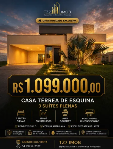 Casa Térrea de esquina, com 3 Suítes Plenas, Localizada no Condomínio Jardim Veneza, apen