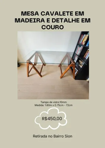 Mesa de Vidro com Cavalete em Madeira e Detalhe em Couro - Moderna e Sofisticada