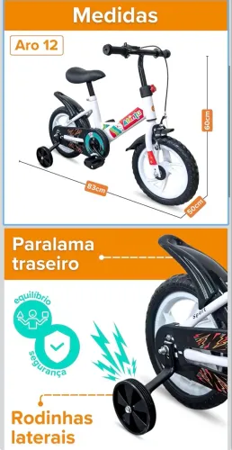 Bicicleta aro 12 com pedal rodinhas de apoio