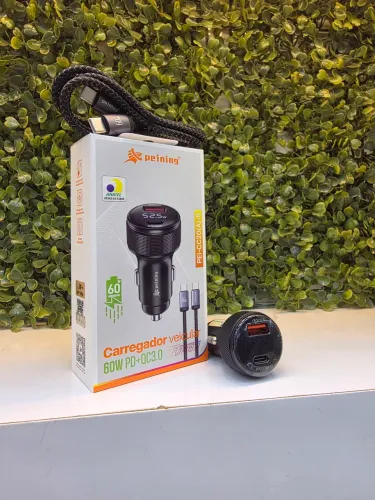 Carregador Veicular Peining 60W PD + QC 3.0 USB-C + USB-A com Cabo