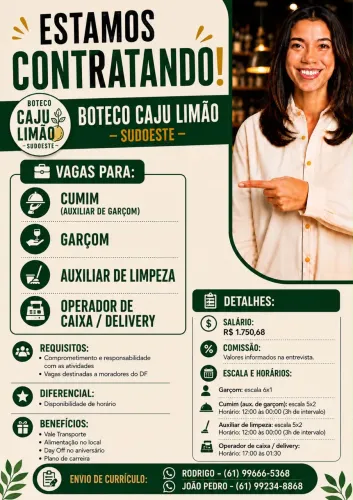 Restaurante boteco caju limao - sudoeste está contratando para diversas areas.