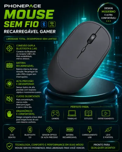 Mouse Sem Fio PHONEPACE Recarregável Gamer com Bluetooth & 2.4G (Novo/Lacrado)