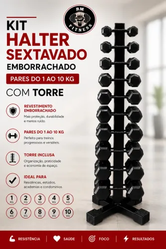Torre Completa Halter Sextavado Emb pares do 1 ao 10 kg