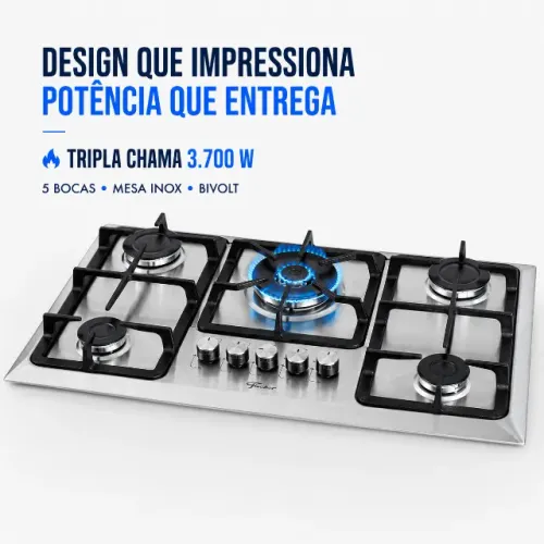Cooktop a Gás Fischer 5 Bocas TC Infinity Inox Tripla Chama Trempe Ferro Fundido Bivolt