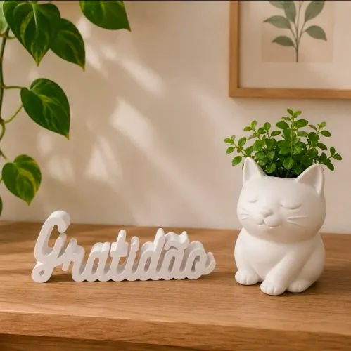 Palavra Gratidão +Vaso de gato lindo