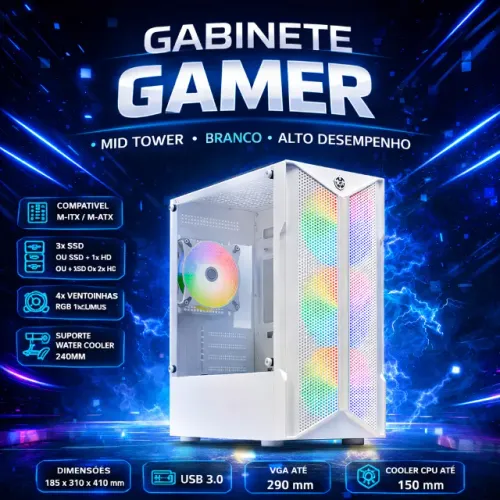 Gabinete Gamer Lateral De Vidro Com 4 Fans - Branco