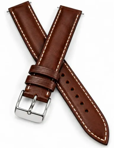 Pulseira Couro Relógio Vintage 18mm Marrom Escuro Castanho Costura Branca Fivela Prateada