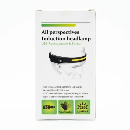 Lanterna De Cabeça LED COB Recarregável USB Sensor Movimento 350 Lúmens Para Camping E Pes