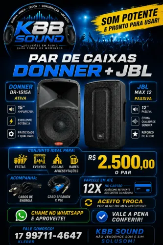 Par de caixas Donner e JBL ativa/passiva