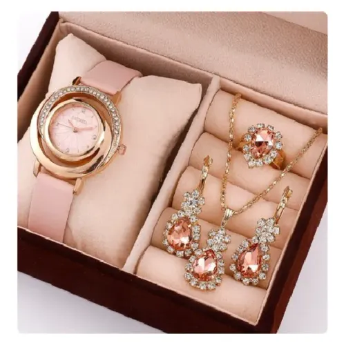 Kit 5 Peças  Relógio Luxo Mulheres Anel Colar Brinco Moda Relógio de pulso Relógios Casual