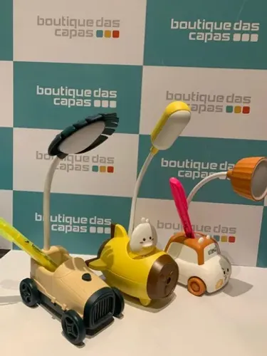 Luminaria de mesa infantil carrinho porta caneta apontaor de lápis e suporte celular