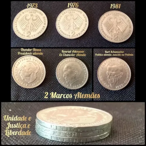Kit 3 moedas de 2 marcos alemão - 1973, 1976, 1981