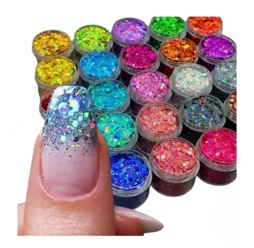 Kit 12 Glitter gliter encapsulado unhas gel manicure flocado colorido briho barato atacado