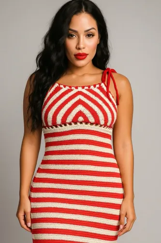 Vestido Tricot Listrado Vermelho e Bege - Verão