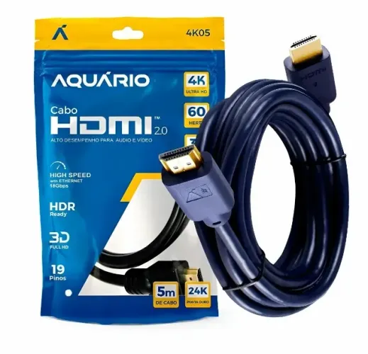 Cabo HDMI 5 metros 2.0 Aquário -  4K 60Hz  / FullHD 240Hz - Conectores Ouro 24K