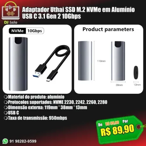 Adaptador Uthai SSD M.2 NVMe em Alumínio USB C 3.1 Gen 2 10Gbps