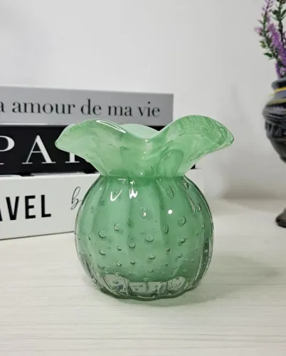 Vaso de murano arte em vidro soprado italiana em verde água novo sem uso