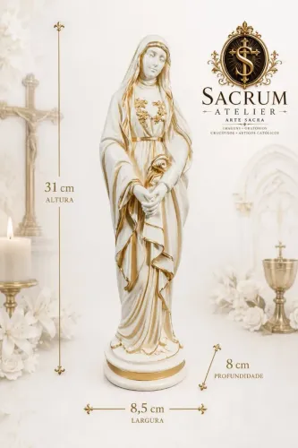 Nossa Senhora das Dores branca com detalhes em dourado em gesso e verniz automotivo