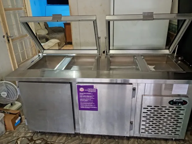 Balcão refrigerado inox pista tampo de vidro cubas de inox