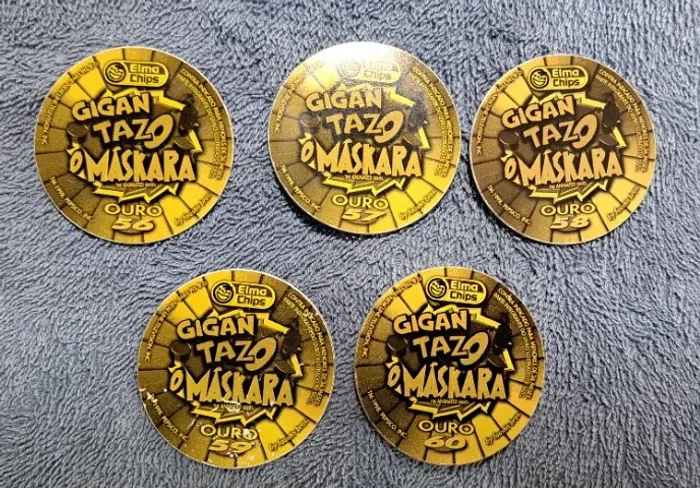 LOTE RARO COM 5 GIGAN TAZOS OURO O MÁSKARA ELMA CHIPS 1998 Nº 56 A 60