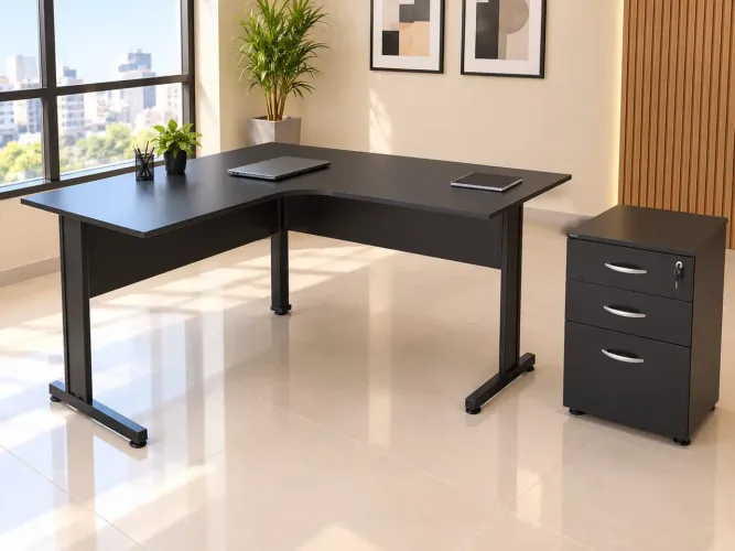 Mesa em L e gaveteiro preto para escritório