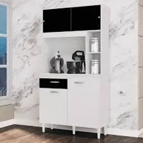 Armário Cozinha Duda 4Pts 1Gv Branco.Preto Poquema - Entrega Rápida!