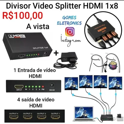 Splitter hdmi distribuidor Hdmi 1 X 4 - áudio e vídeo - Extensor HDMI (Loja Fisica)