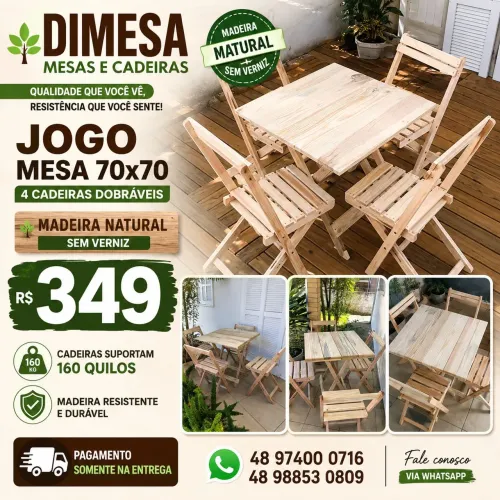 Kit mesa 70x70 madeira maciça + 4 cadeiras sem verniz