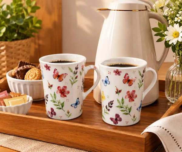 Xicaraas De Porcelana Fina Novo - Estampa Floral E Borboletas
