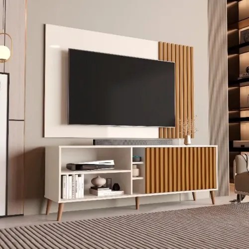 Painel até 65? + Rack Bancada Luara Off White/Cedro tt8