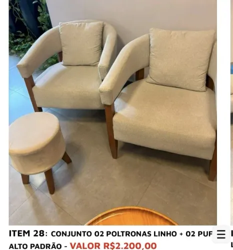 CONJUNTO 02 POLTRONAS LINHO + PUFF ALTO PADRÃO