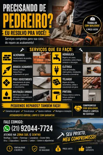 Pedreiro - Reformas, Infiltração, Piso, Reboco e Reparos