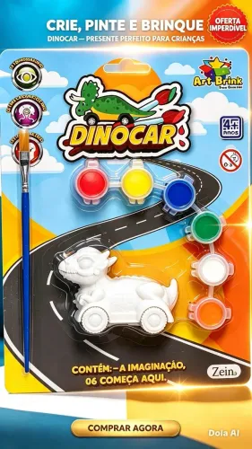 Kit Pintura Dinossauro Carrinho Infantil com 6 Tintas e Pincel Brinquedo Educativo DinoCar
