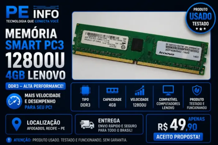 Memória RAM 4GB DDR3 1600MHz PC3 12800 Lenovo Original