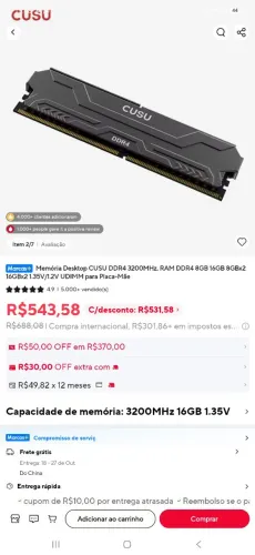 Memória Desktop CUSU DDR4 3200MHz, RAM DDR4 8GB