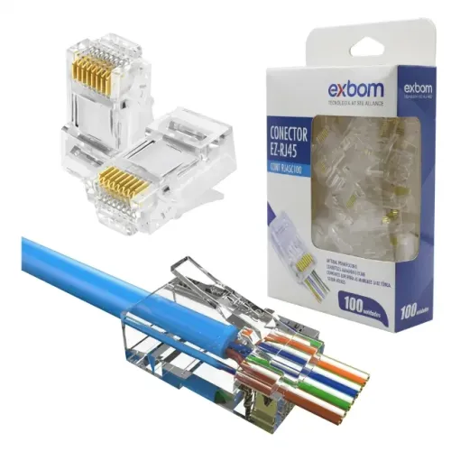 Kit 100 Conectores RJ45 Vazado Exbom 6591-100 Cat5e EZRJ45 Pass Through UTP Rede pode reti
