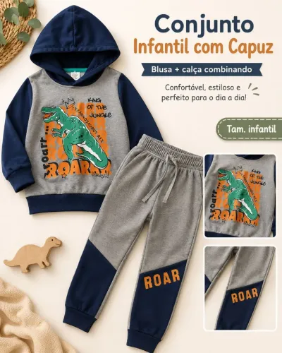 Conjunto infantil de moletom dinossauro com capuz máscara pitikinho Tam 3