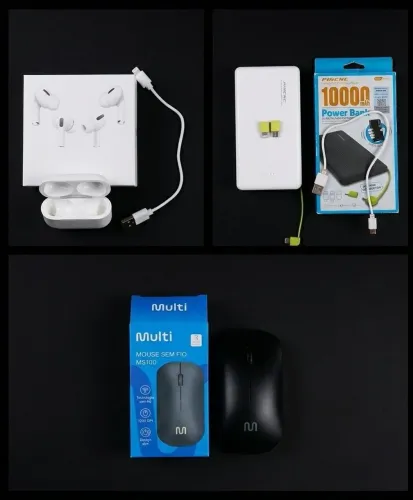 Power Bank, Fone de Ouvido, Mouse sem Fio 