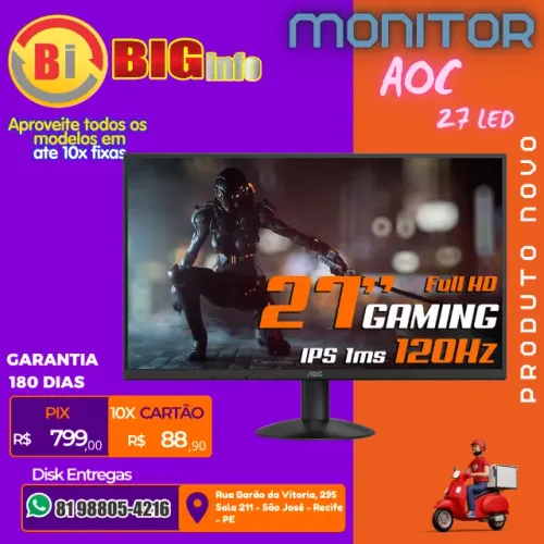 Monitor Gamer AOC 27", Full HD, 200Hz, 0.3ms, IPS, G-Sync, HDR - Em ate 10x Fixas 