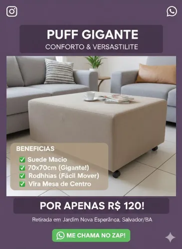 Puff Gigante Suede (70x70) c/ Rodízios - Versatilidade e Conforto