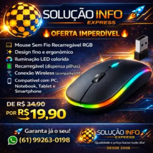 Mouse Sem Fio Recarregável Led Rgb Ergonômico Sem Fio Para Desktop Notebook Tablet Smartph