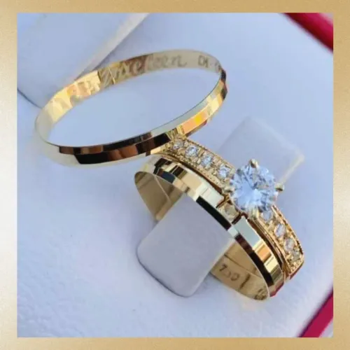 Par de Alianças Tungstênio Chanfradas 3mm Ouro18K Banho + Solitário. Casamento - Promoção!