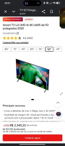 Smart TV LG UHD AI 4K UA85 de 50 polegadas 2025