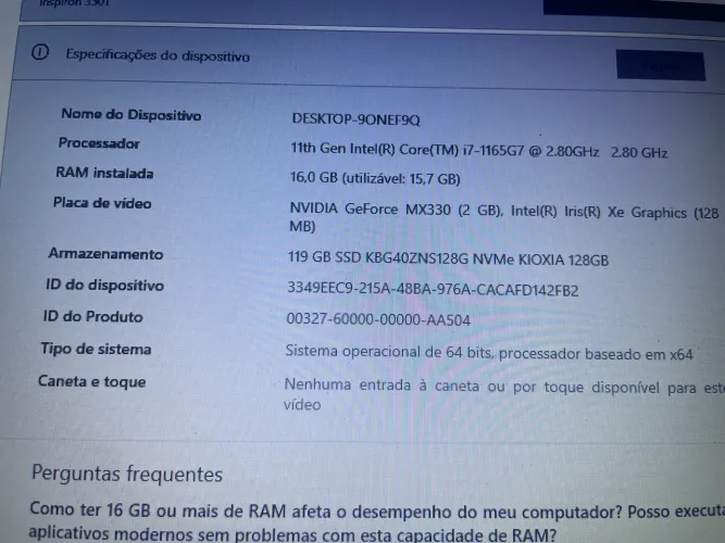 Notebook Dell i7 11th 16 GB RAM com placa de vídeo nvdia