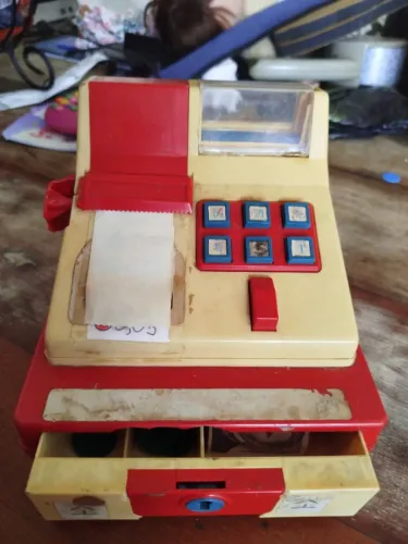 Caixa Registradora de brinquedo da marca Glasslite, final dos anos 80