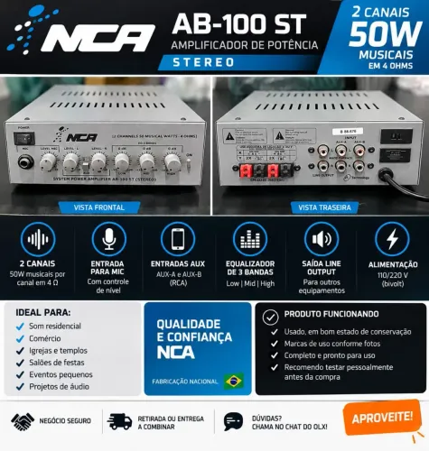 Amplificador NCA AB-100 ST Stereo 2 Canais 50W - Som