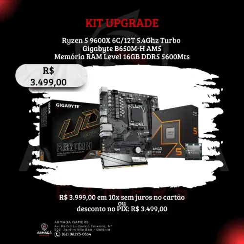 KIT UPGRADE: Ryzen 5 9600X 6C/12T 5.4Ghz Turbo, B650M-H e 16GB RAM DDR5 5600Mts - NOVO