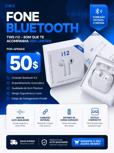 Fone Bluetooth i12 TWS Original - Liberdade e Qualidade em Suas Mãos!